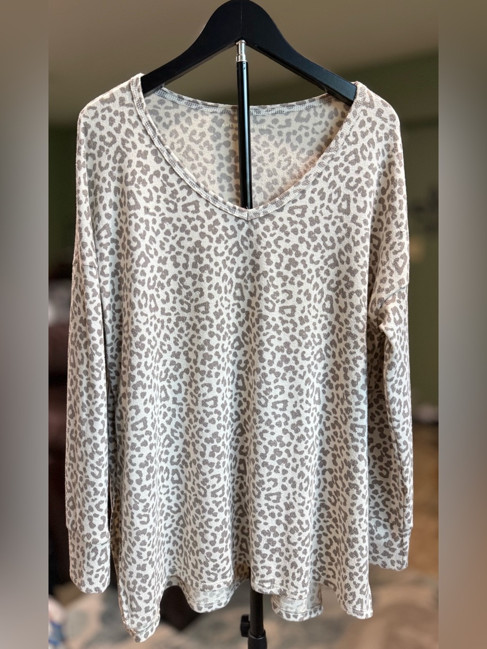 American Eagle Outfitters Beige Leopard Print V-Neck Long Sleeve Top